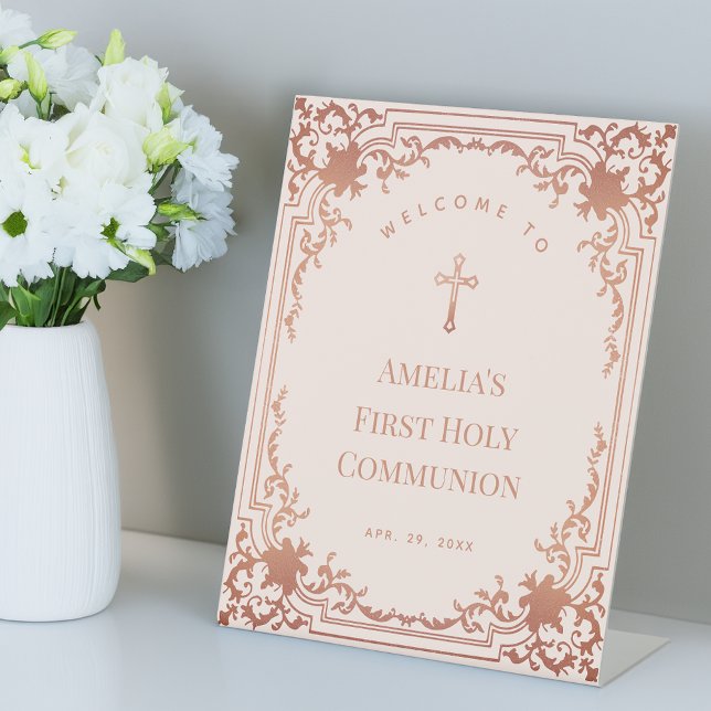 Girl First Communion Pink Rose Gold Ornate Welcome Pedestal Sign (Creator Uploaded)