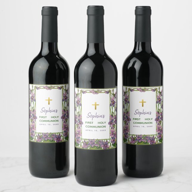 Girl First Communion Purple Violets Cross Floral Wine Label (Bottles)