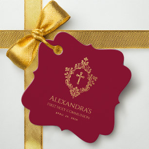 Girl First Communion Vintage Burgundy Gold Crest Favour Tags