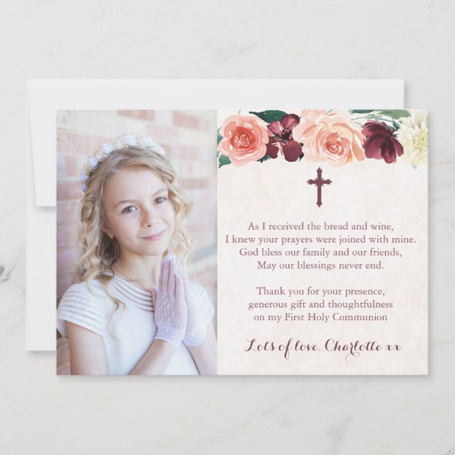 Girl First Communion Vintage Floral Thank You (Front)