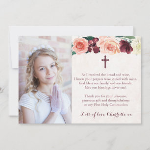 Girl First Communion Vintage Floral Thank You Card