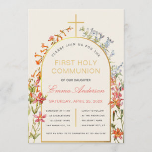 Girl First Communion Wildflowers Gold Arch Floral  Invitation