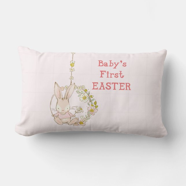 Girl First Easter Bunny on Flower Swing Lumbar Pillow (Front)