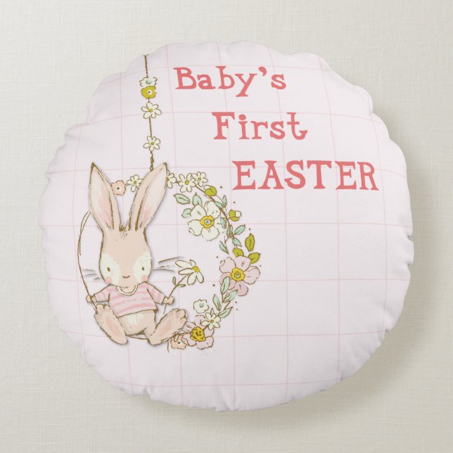 Girl First Easter Bunny on Flower Swing Round Pillow (Front)