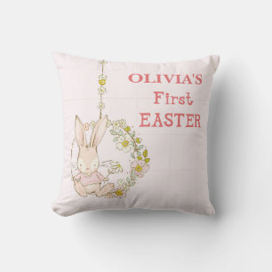 Girl First Easter Bunny on Flower Swing Throw Pillow