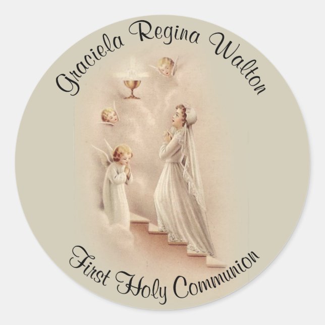 Girl First Holy Communion Catholic Remembrance Classic Round Sticker (Front)