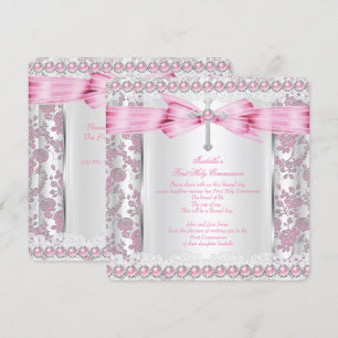 Girl First Holy Communion Cross Damask Pink Silver Invitation
