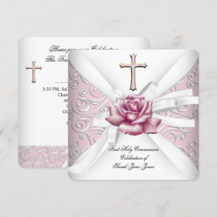 Girl First Holy Communion Damask Pink Rose White 2 Invitation