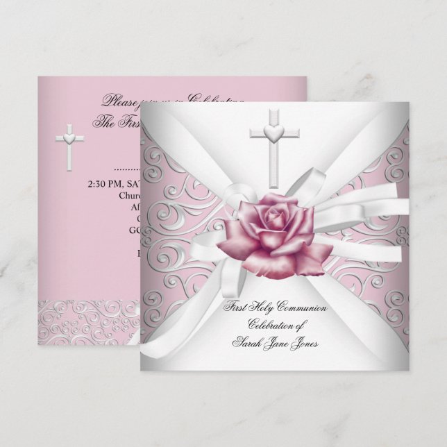 Girl First Holy Communion Damask Pink Rose White Invitation (Front/Back)