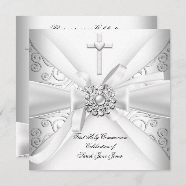 Girl First Holy Communion Damask White Silver Invitation (Front/Back)