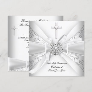 Girl First Holy Communion Damask White Silver Invitation