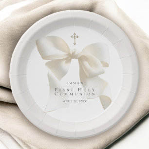 Girl First Holy Communion Elegant Ivory Bow Paper Plate