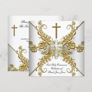 Girl First Holy Communion Gold White Silver Floral Invitation
