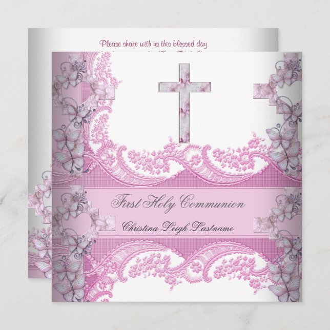 Girl First Holy Communion Lace Pink Invitation (Front/Back)