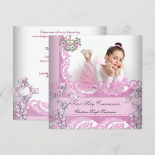 Girl First Holy Communion Lace Pink Photo Invitation
