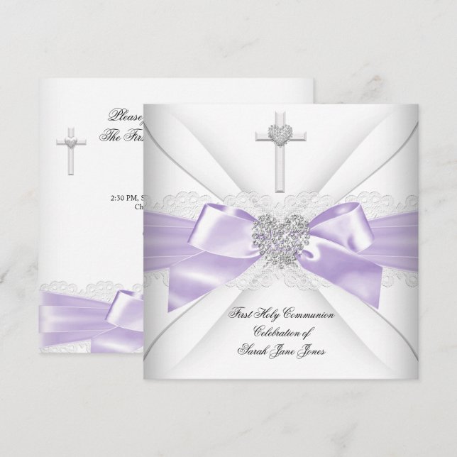Girl First Holy Communion Lilac White Silver Heart Invitation (Front/Back)