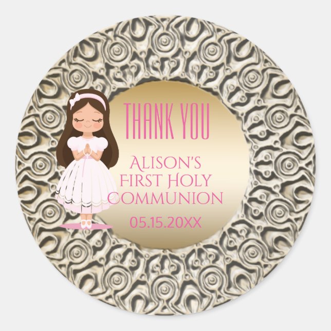 Girl First Holy Communion Pink Gold Classic Round Sticker (Front)