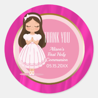 Girl First Holy Communion Pink Gold Classic Round Sticker