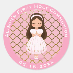 Girl First Holy Communion Pink Gold Classic Round Sticker