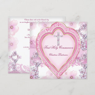 Girl First Holy Communion Pink Heart Invitation