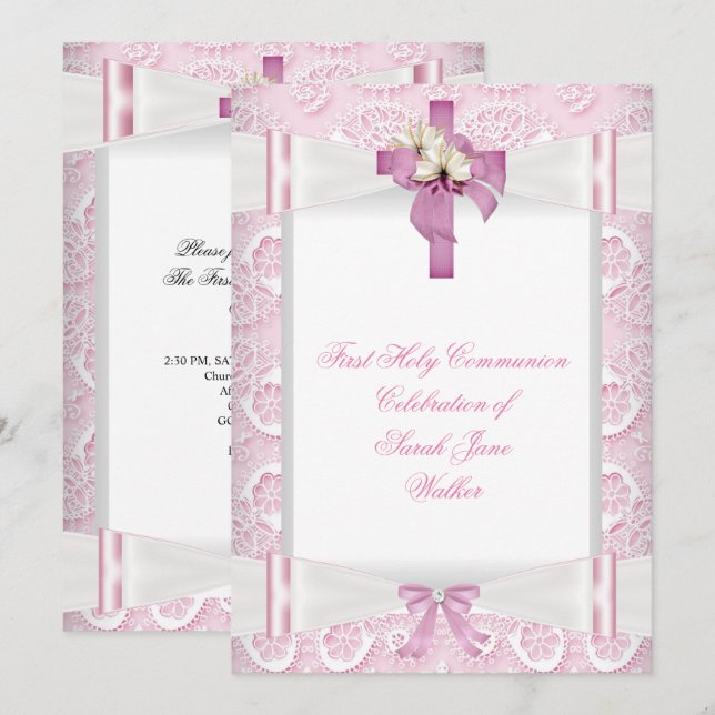 Girl First Holy Communion Pink Lace Bow White 4 Invitation (Front/Back)
