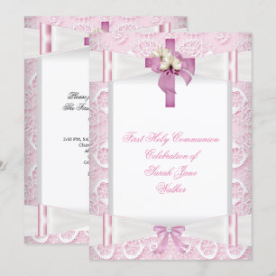 Girl First Holy Communion Pink Lace Bow White 4 Invitation