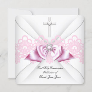 Girl First Holy Communion Pink Lace Bow White Invitation
