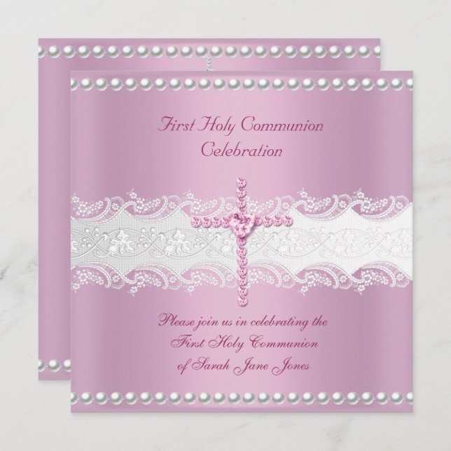 Girl First Holy Communion Pink Lace Pink Pearl Invitation (Front/Back)