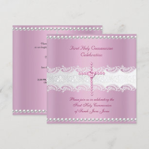 Girl First Holy Communion Pink Lace Pink Pearl Invitation
