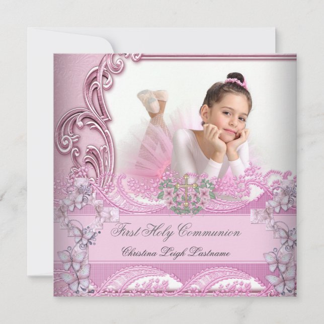 Girl First Holy Communion Pink Photo Butterfly Invitation (Front)