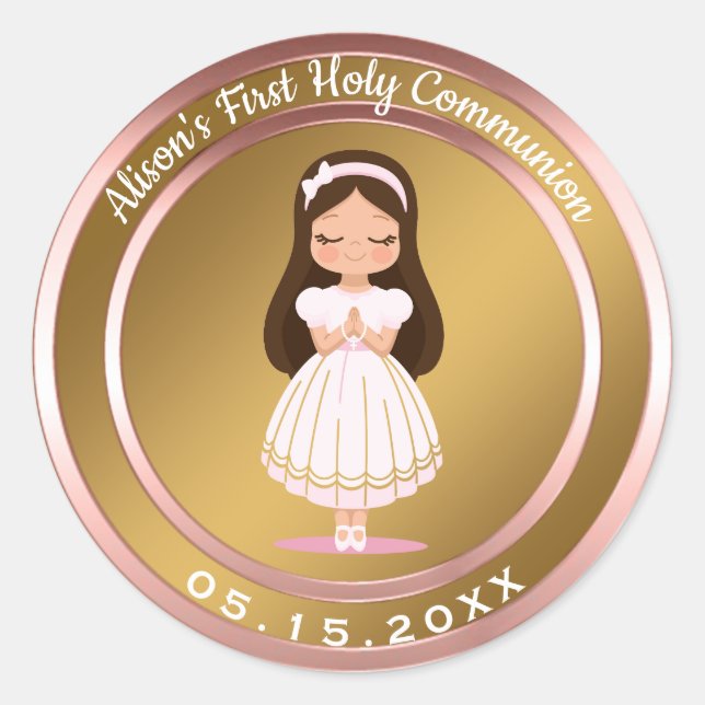 Girl First Holy Communion Pink Rose Gold Classic Round Sticker (Front)