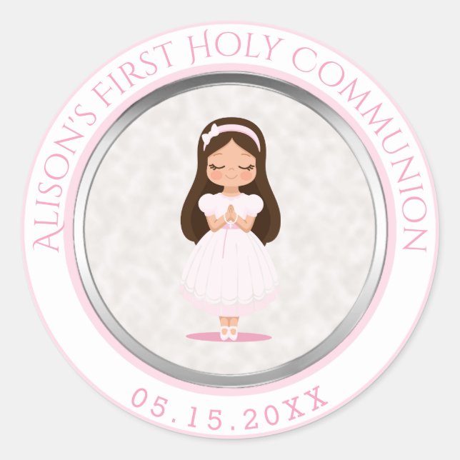 Girl First Holy Communion Pink Silver Classic Round Sticker (Front)