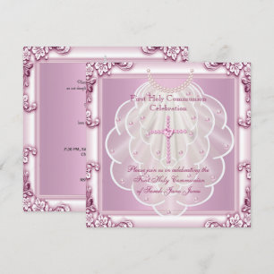 Girl First Holy Communion Pink Veil Pink Cross Invitation