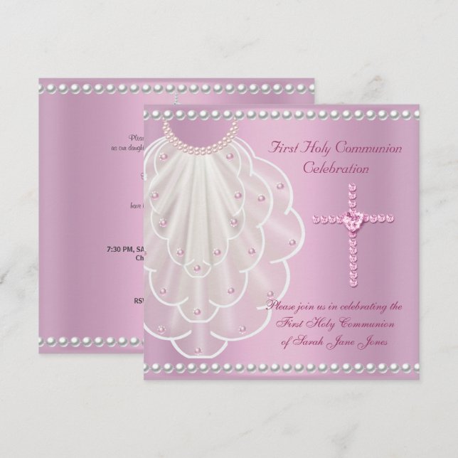 Girl First Holy Communion Pink Veil Pink Pearl Invitation (Front/Back)