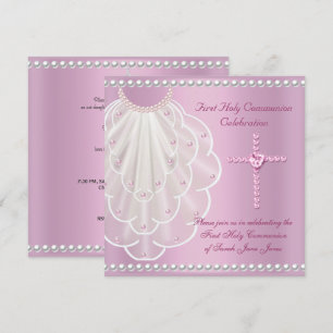 Girl First Holy Communion Pink Veil Pink Pearl Invitation