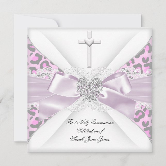 Girl First Holy Communion Pink White Grey Leopard Invitation (Front)