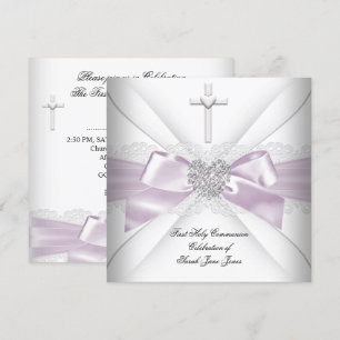 Girl First Holy Communion Pink White Silver Heart Invitation