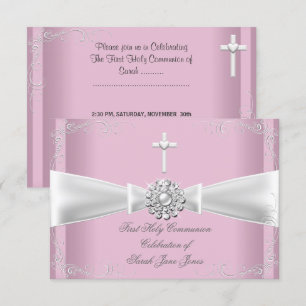 Girl First Holy Communion pink White Silver Invitation