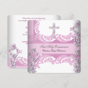 Girl First Holy Communion Pretty Lace Pink Invitation