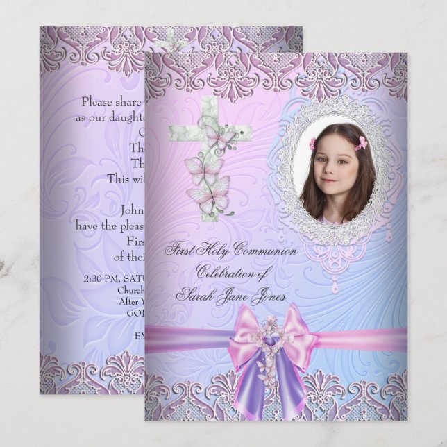 Girl First Holy Communion Pretty Pink Photo Invitation (Front/Back)