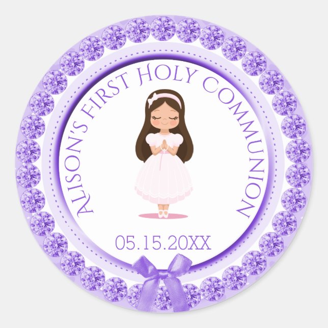 Girl First Holy Communion Purple Jewels Classic Round Sticker (Front)