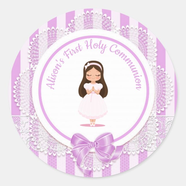 Girl First Holy Communion Purple Lace Classic Round Sticker (Front)
