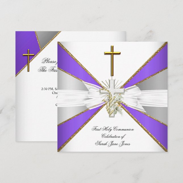 Girl First Holy Communion Purple White Floral Invitation (Front/Back)