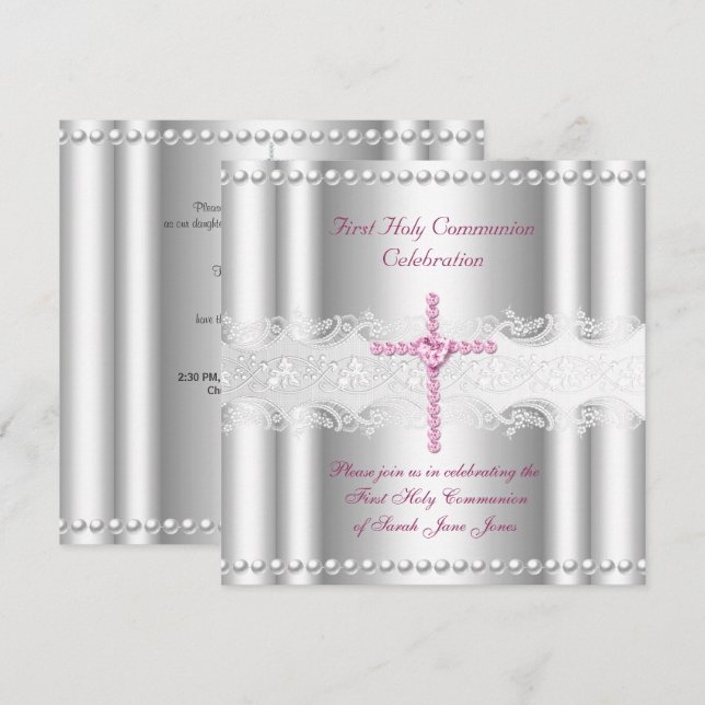 Girl First Holy Communion Silver Lace Pink Pearl Invitation (Front/Back)