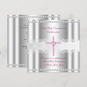 Girl First Holy Communion Silver Lace Pink Pearl Invitation