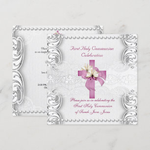 Girl First Holy Communion Silver Lace Pink Pearl Invitation