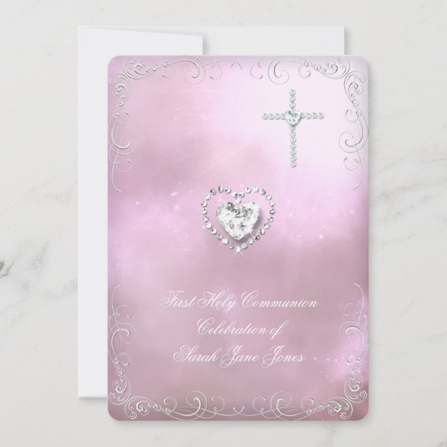 Girl First Holy Communion Silver Pink Heavenly Invitation (Front)