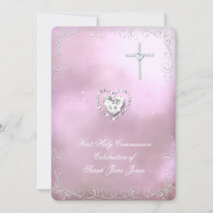 Girl First Holy Communion Silver Pink Heavenly Invitation