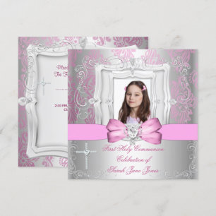 Girl First Holy Communion Silver Pink Photo Invitation