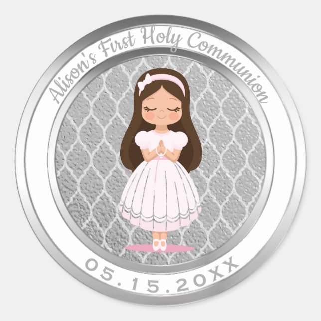 Girl First Holy Communion Silver Quatrefoil Classic Round Sticker (Front)